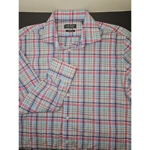 Ralph Lauren Shirt Mens Large 16.5 32/33 Stretch Cotton Plaid Pink Spring Easter